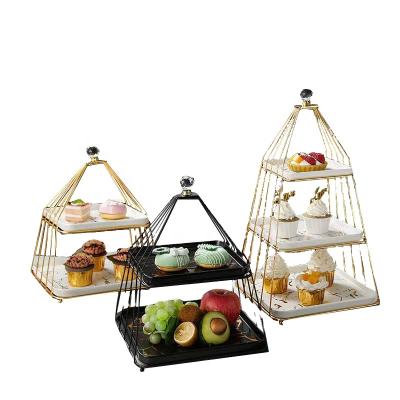 China Nordic Eco-friendly Three Tier Ceramic Cake Stand Set Afternoon Tea Wedding Plates Party Birthday Dessert Display Cake Tray Metal Tools for sale