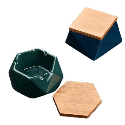 China Color Eco-friendly Dustproof Ashtray Geometric Shape With Fashion Bamboo Innovative Personality Cover Cheap Cigar Ashtray for sale