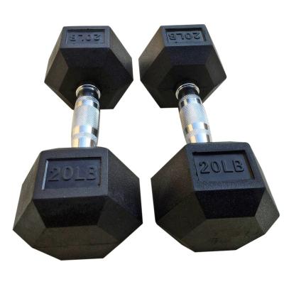 China Rubber Covered Dumbbell Factory Wholesales 20kg Rubber Coating Gym Custom Free Weights Dumbbell Set Hex Hex Dumbbells for sale