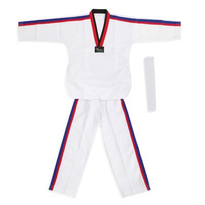 China Breathable Custom Logo Martial Arts Wear White Taekwondo Uniform With Colorful Stripes Factory Production Design for sale