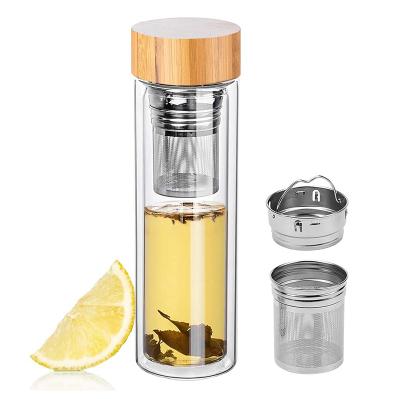 China Sustainable Bamboo Double Wall Tea Infuser Stainless Steel Lid 500ml High Borosilicate Glass Water Bottle for sale