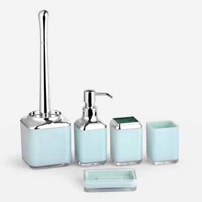 China Metal Viable Feeling Fashion Simple Color Acrylic 5 Piece Toilet Brush Soap Dish Toothbrush Holder Dispenser Tumble Bathroom Shower Set for sale