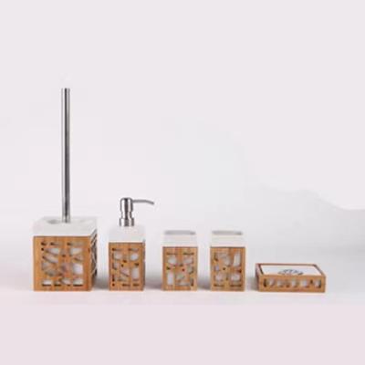 China Hot Sale 5pcs Sustainable Bamboo Bathroom Toothbrush Holder Toilet Brush Soap Dish Trash Bin for sale