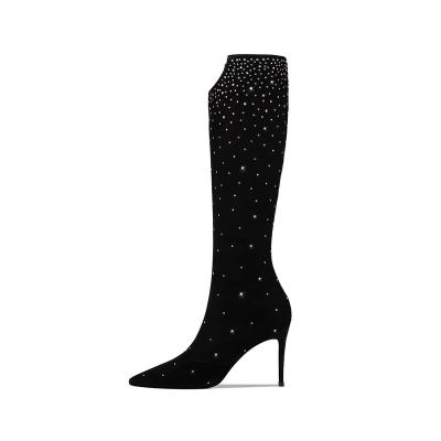 China Printed Ladies Boots Long Boots Solid Color High Heel Women Shoes High Pointed Toe Knee High Leather Trim Pointed Tip Fashion Sexy Diamond Boots for sale