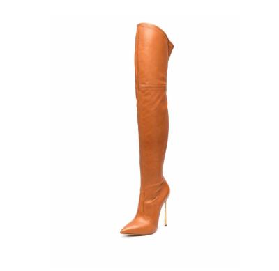 China Women metallic high heels knee high boots fashion trend knee length high boots women yellow leather luxury high heel leather boots for sale