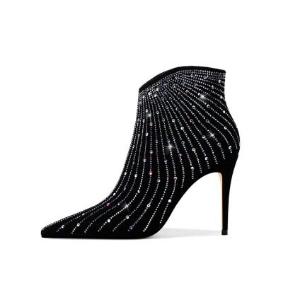 China Breathable Rhinestone Boots Winter Boots For Women 2022 High Heel Shoes Pointed Toe Stiletto Heels Genuine Leather Ankle Boots for sale