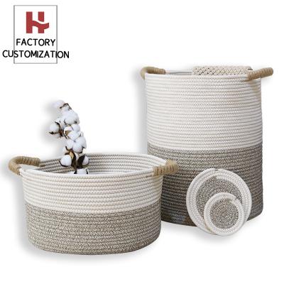 China 2022 Viable New Woven Basket Covers Toys Storage Basket Large Comforter Cushions Storage Bins Cotton Rope Basket With Handles for sale