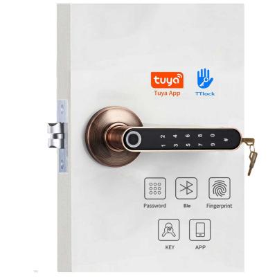 China Tuya Interior Wooden Door Lock Zinc Alloy Bedroom Smart App Fingerprint Portable Biometric Fingerprint Door Handle Lock for sale