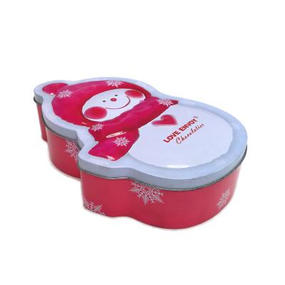 China Recycled Materials Christmas Metal Snowman Chocolate Tin Box Creative Christmas Snowman Food Packaging Tin Case Christmas Packing Tin for sale