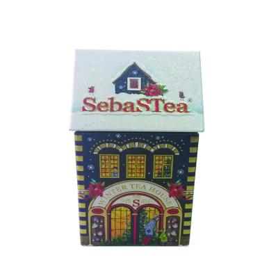 China House Tin Box Christmas House Tin Case With Slot Varnish Printing For Tea Christmas Building House Shape Tea Packing Metal Packing Box for sale