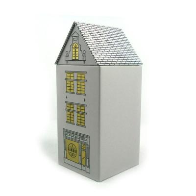 China Custom Creative Building House Tin Box House Shape Tea Packing Empty Tin Case Tinplate Home Shaped Empty Scented Tea Tin Packing Box for sale