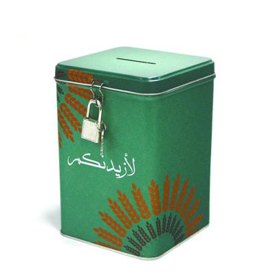 China Square Customized Square Money Banks Tin Case With Lock And Key Hot Sale Square Coin Banks Tin Box With Hinged for sale