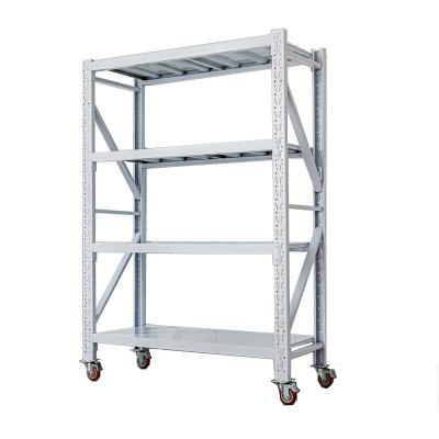 China Hot Selling Corrosion Protection Medium Duty Industrial Metal Warehouse Racks Steel Shelving Shelves With Wheels for sale