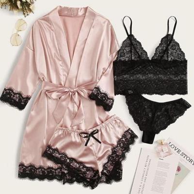 China Factory wholesale fashion QUICK DRY plus size pajamas women lace up Cami Top and short pants and panties 4 piece lace set satin silk robes for sale