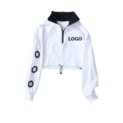 China Wholesale White 100% French Superior Sports Women's Cropped Hoodie Anti-Shrink New Style Cotton Terry Fabric Half Zipper Drawstring Anti-Shrink Waist for sale