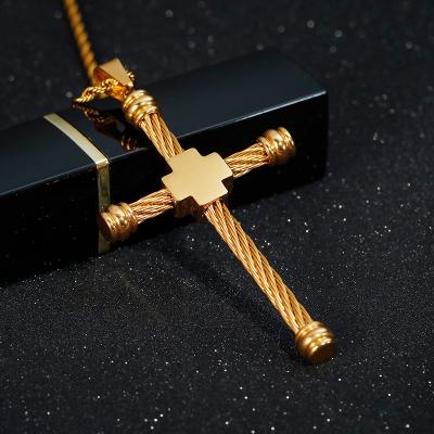 China Hip Hop 18K Gold Mens Stainless Steel Charm Cable Stripe Cross Pendant for sale