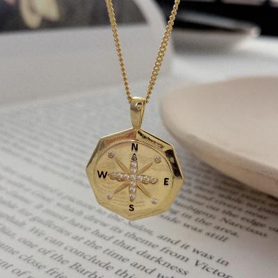 China Casual/Fashionable/Diamond Navigation Medallion CZ Style 14K Gold Compass Necklace Pendant Navigation Necklace for sale