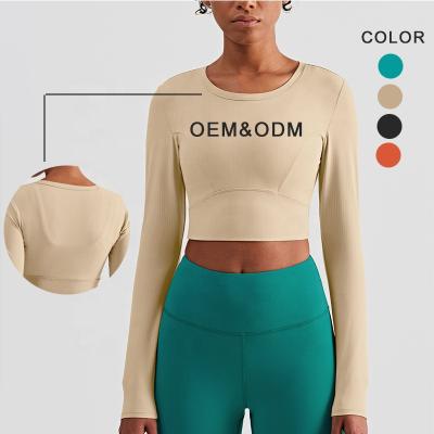 China Wholesale Breathable Workout Apparel Fitness Clothing Long Sleeve Tops Gym Shirt Ribbed Custom Crop Tops For Women for sale