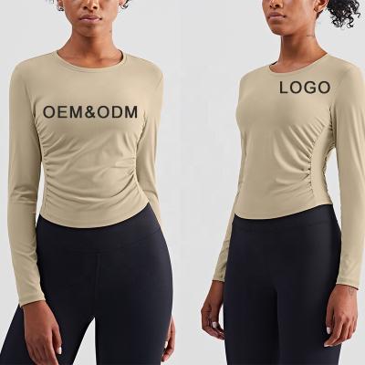 China Breathable Wholesale Sport Wears Custom Gym Clothing Long Sleeve Tops High Stretch Yoga Neck Top Round Running Shirt For Women for sale