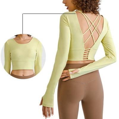 China Wholesale Breathable Fitness Clothes Beautiful Custom Back Gym Shirt Workout Clothing Long Sleeve Crop Top For Women for sale