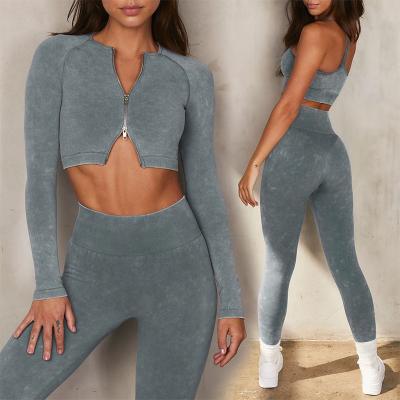 China Wholesale Breathable Fitness and Yoga Wear 2PCS Workout Sets Acid Wash Leggings Long Sleeve Crop Zip Top Sweat Suit Gym Fitness Sets for sale