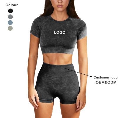 China Wholesale Breathable Sports Wear Fitness Clothing Acid Wash Seamless 2 Piece Women Yoga Sets Active Wear Sports Suit Short Set for sale