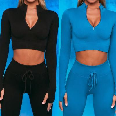 China Wholesale Breathable Fitness Clothing Zipper Long Sleeve Yoga Sets Sports Womens Striped Suits Gym Fitness 2 Piece Sets for sale