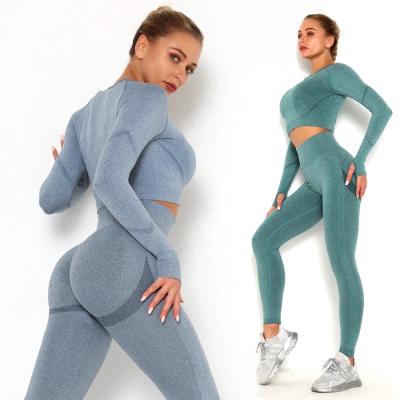 China Breathable Wholesale Custom Workout Apparel Sports Outfit Fitness Active Wear Long Set Two Piece Seamless Sleeve Set for sale