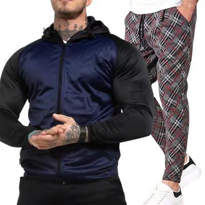 China Men's Casual Tracksuits Custom Logo Sports Breathable Hooded Wholesale Plaid Jacket Fitness Wear Pants 2 Piece Tracksuit Set for sale