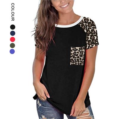 China Wholesale Breathable Women Clothing 2021 Summer Fashion Casual Short Sleeve Crew Neck Leopard Shirts With Pocket Ladies Tops for sale