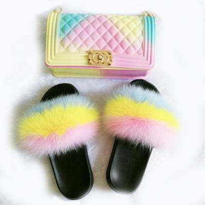 China Custom Anti-Smell Color Logo Fur Slides With Purse Set Fox Fur Slides Women's for sale