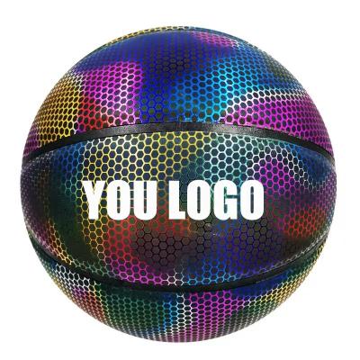 China RTS Factory Direct Sales Fiber Super Star Reflective Basketball Lights Up Holographic Cheap Basketball Balls OEM 5#6#7# for sale