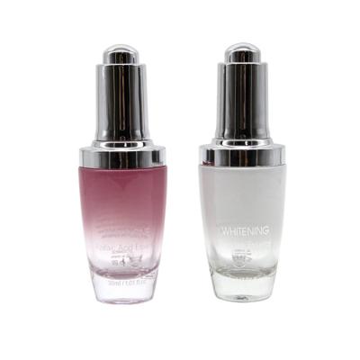 China Gradient Color Serum Bottle Oil Glass Cosmetic Packaging Frosted Bottle Pink 30ml Essential Glass Dropper Bottle for sale