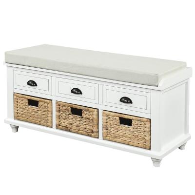 China Rustic convertible storage bench with 3 drawers and 3 white rattan baskets for sale