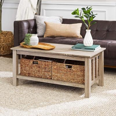 China Two tier coffee table (the other) of adjustable living room furniture with rattan storage baskets which is removable for sale