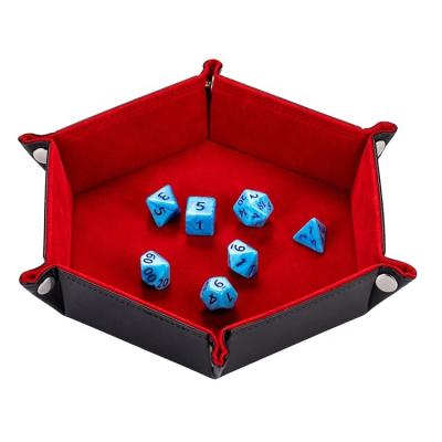 China Carve Rack Hexagonal PU Leather DND Custom Tray Red Velvet Rolling Dies For RPG Games for sale