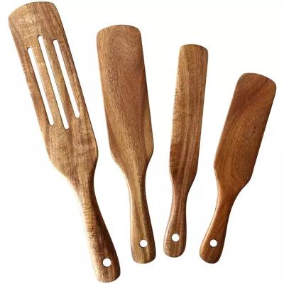 China Stocked HandmadeTeakwood spurtles Custom Multi-Use 4 Piece Kitchen Utensils Tools Non Stick Wooden Cookware Slotted Spurtle Spatula Sets for sale