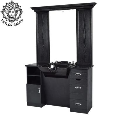 China Durable Beauty Salon Furniture Barber Shop Liner Salon Mirror Station With Drawers And Basin for sale