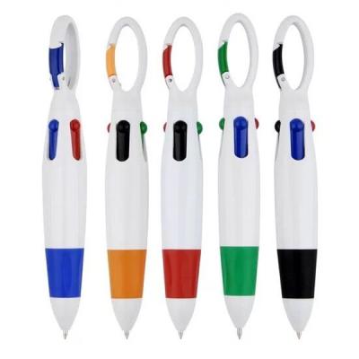 China Promotional Pen Advertising 4 Color Plastic Ballpoint Pen With Carabiner Key Chain for sale