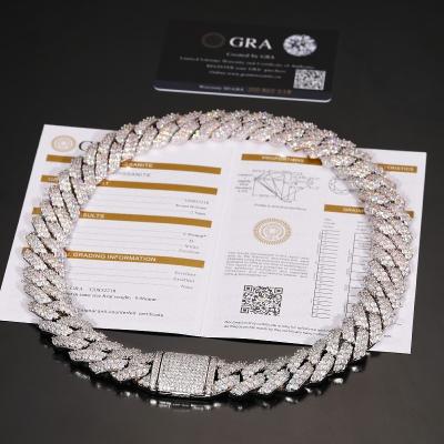 China High Quality Fine Luxury Gold Plated Necklace/Hiphop Jewelry 20mm 18K Sterling Silver VVS Moissanite Diamond Miami Cuban Link Chain For Men for sale