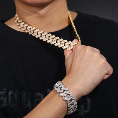 China High Quality/Hip Hop Jewelry 20mm Fashion Hip Hop Fork Set Emerald Cut VVS Moissanite Diamond Iced Out Cuban Link Chain Necklace for sale