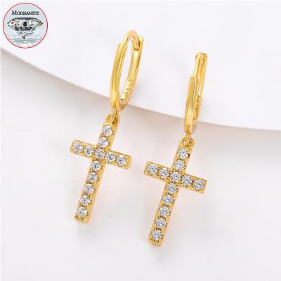 China High Quality Women/Men Hip Hop Wholesale Hip Hop Jewelry 18K Gold Plated Pure Silver Lab Created VVS Moissanite Cross Charm Drop Earrings for sale