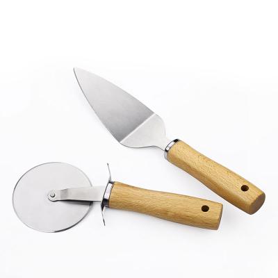 China Workable Factory Supply Wooden Handle Stainless Steel Pizza Cutter Pizza Skin Wheel Knife Set For Pizza Serving for sale