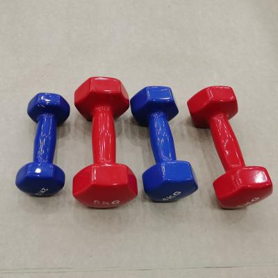 China colorful 5 kg dumbbell rubber covered dumbbell set vinyl dipping pvc cast dumbbell for sale