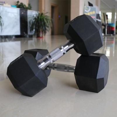 China Rubber Wrapped Hexagon Dumbbell Factory Wholesale Cheap Rubber Coated Gym 20kg Hex Dumbbell for sale