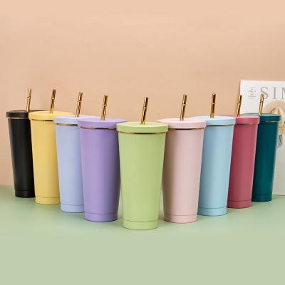 China Stocked 750ml/500ml reusable outdoor travel family iced coffee mug stainless steel insulated straw and lid Macaron color for sale