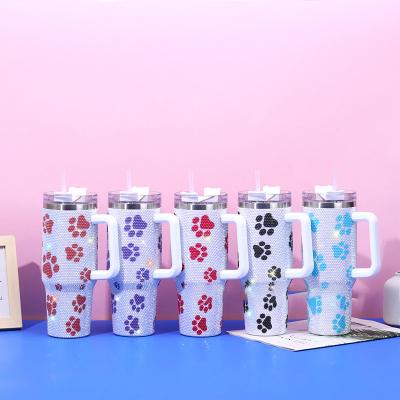 China Stocked 40oz double wall stainless steel design collection Cat dog Paw leopard cow mug Sparkly mug diamond sparkly straw Metal straw for sale