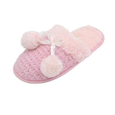 China Pink beige girl's handmade fuzzy decor faux fur ball woolen slippers for sale