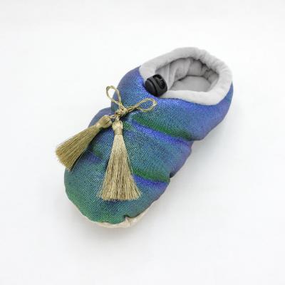 China Luxury House Aqua Cotton Filling Warm Shiny Suede Moccasin Indoor Slipper for sale