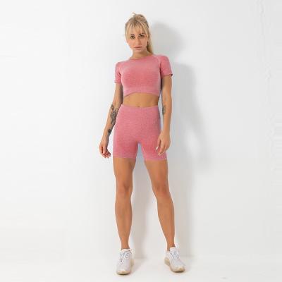 China The two breathable pieces of yoga crac! crack! Crop Seamless Top Shirt Shorts Butt Sets Yoga T-Shirt Shorts Set For Gym for sale